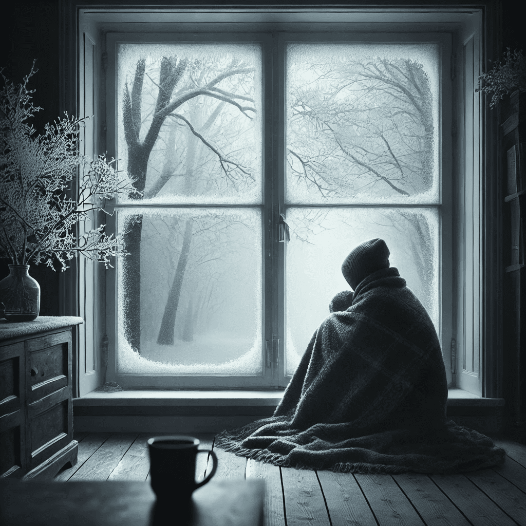 person in blanket in front of window