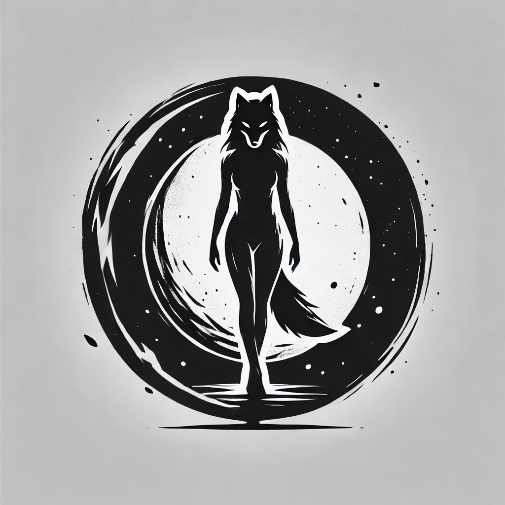 Wolf head with female body emerging from a circle