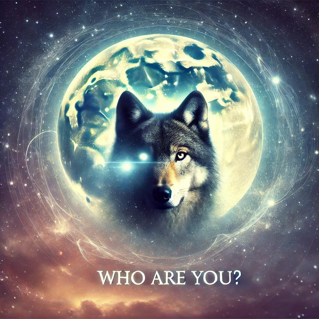 A thought-provoking digital artwork of a lone wolf under a full moon, symbolizing independence and deep thinking. The wolf's eyes glow with wisdom, an
